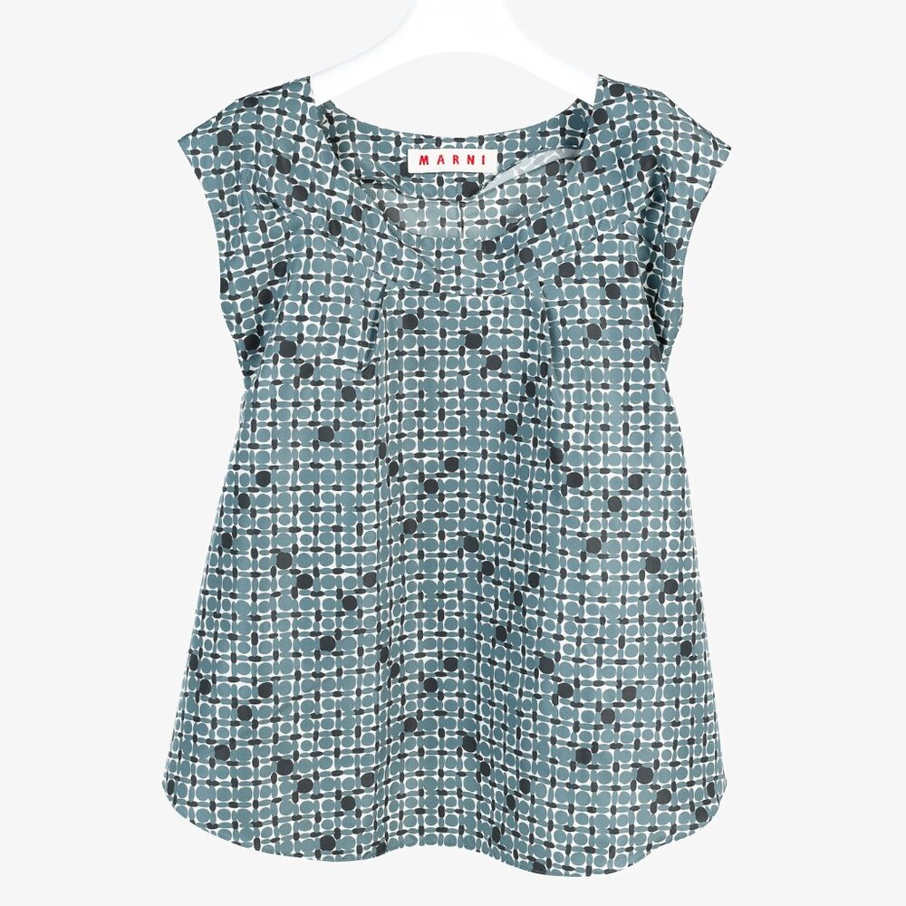 Marni Teal Geometric-Printed Cap-Sleeve Blouse
